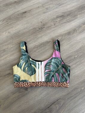 adidas Tropical Leaf Print Sports Bra in Pink, Green, Yellow